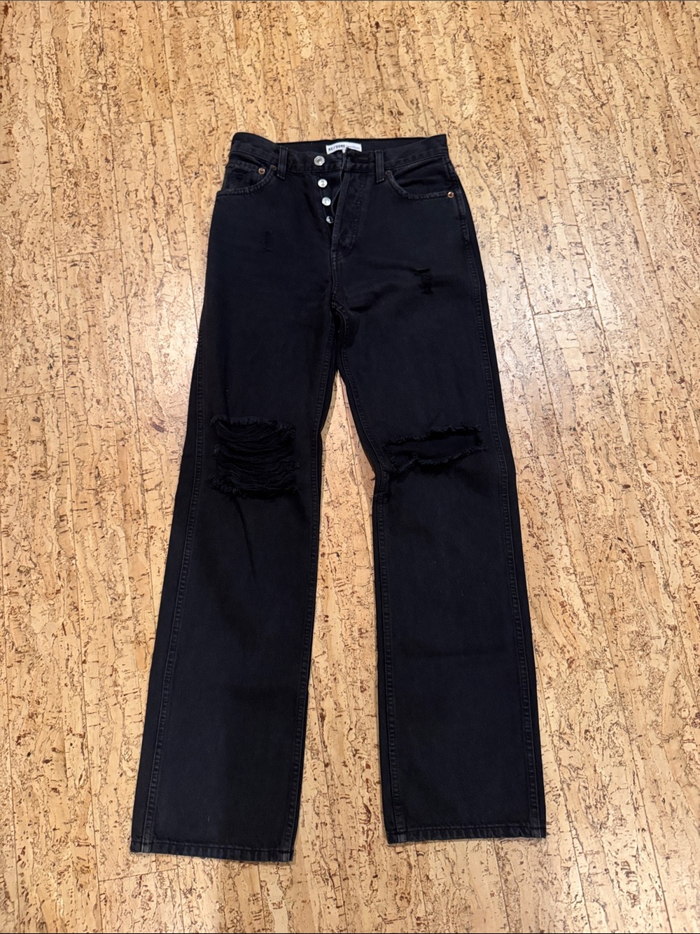 RE/DONE Black High-Rise Distressed Straight Leg Jeans - Women